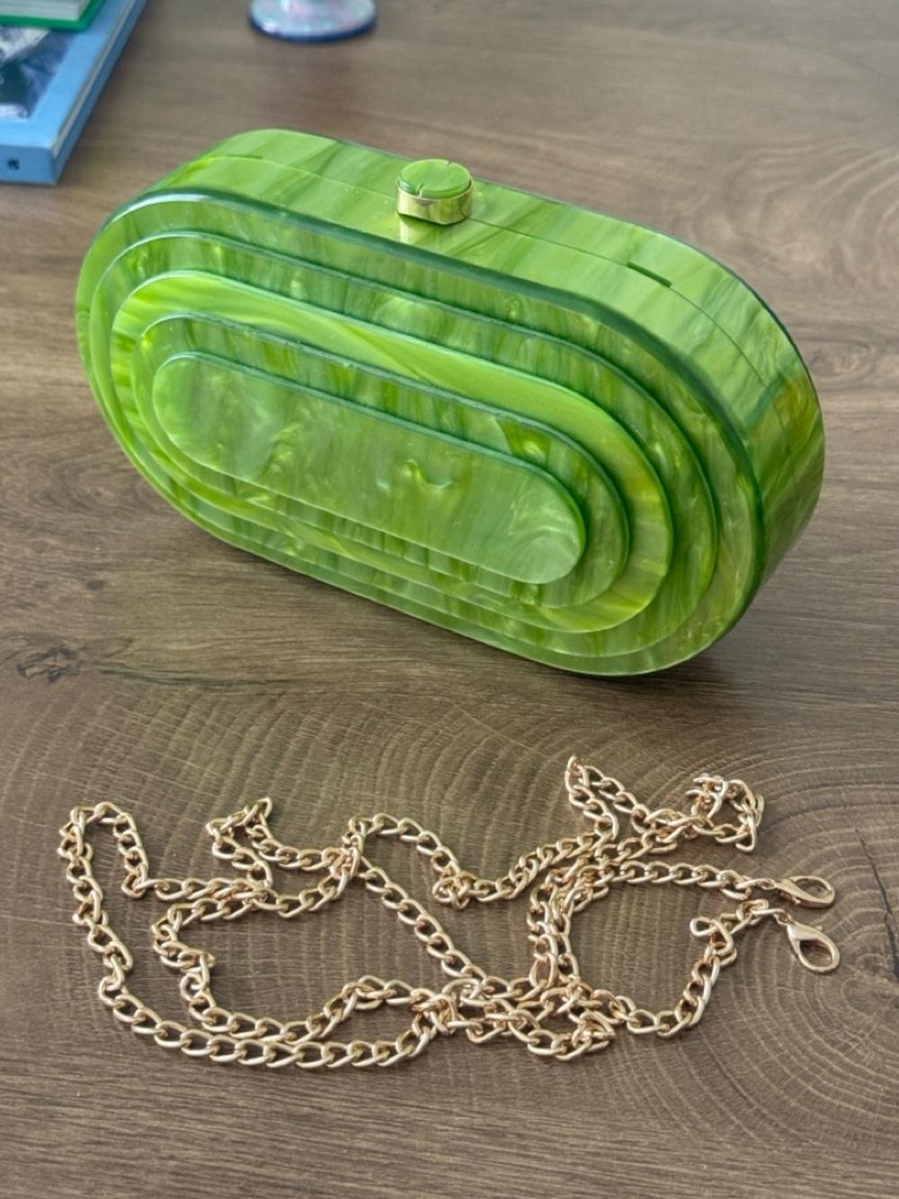 Cult Gaia-Style Green Acrylic Oval Clutch with Detachable Gold Chain